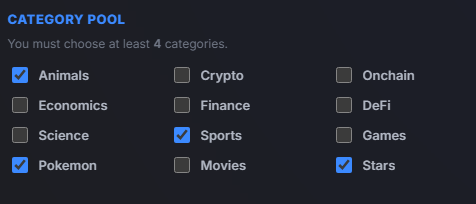 Category selection grid - Animals, Sports, Pokemon, Stars and more