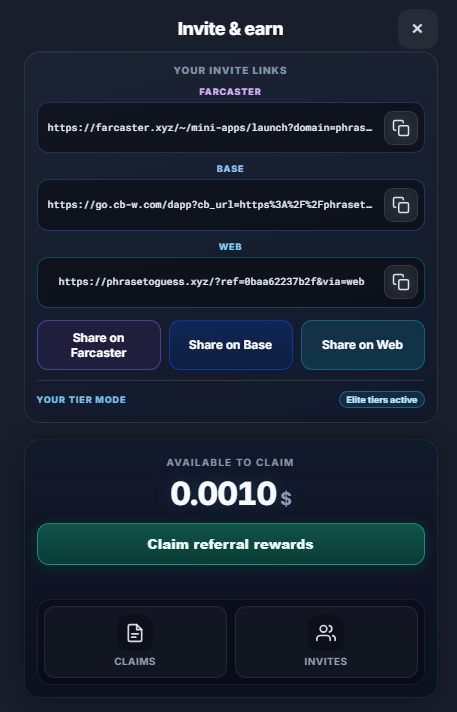 Invite and earn dashboard with referral links, claim button and invites tab