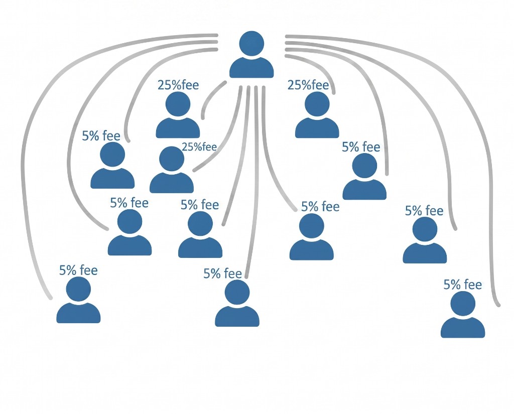 Standard referral tier - 25% direct, 5% indirect fees